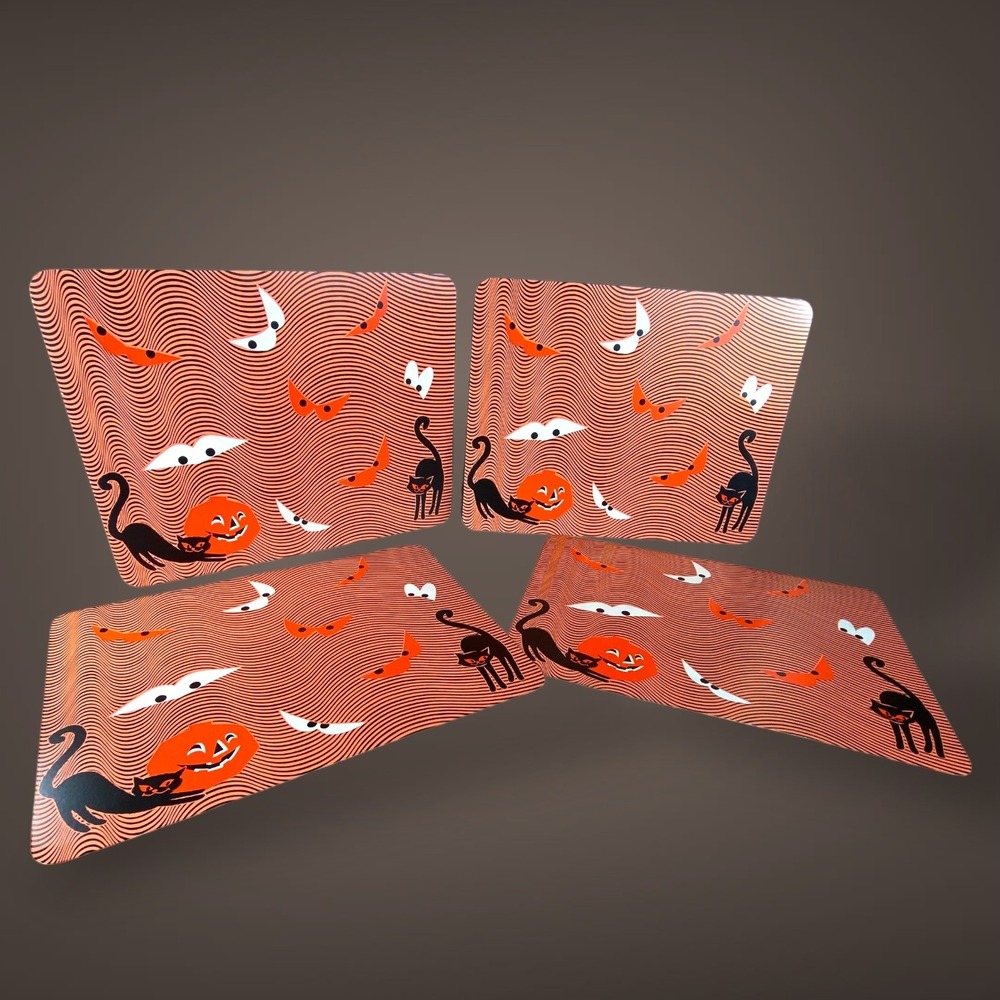 1960s/70s Halloween Psychedelic Placemats Set‎ 4 Black Cat Pumpkin Floating Eyes